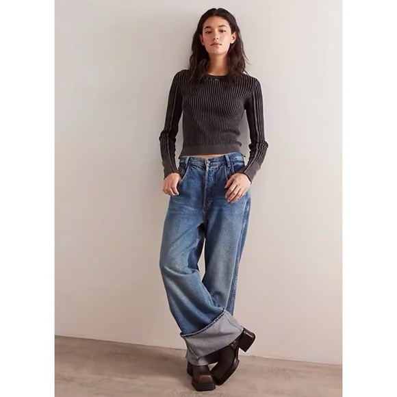 NWT Free People We The Free Between The Lines Rib Sweater Long Sleeve in Black - Picture 10 of 10